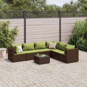 vidaXL VidaXL 7 Piece Patio Lounge Set with Cushions Brown Poly Rattan 1