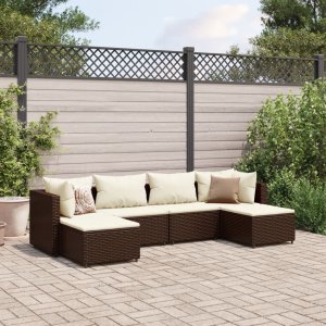 vidaXL VidaXL 6 Piece Patio Lounge Set with Cushions Brown Poly Rattan 1