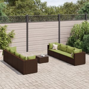 vidaXL VidaXL 9 Piece Patio Lounge Set with Cushions Brown Poly Rattan 1