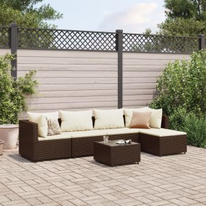 vidaXL VidaXL 6 Piece Patio Lounge Set with Cushions Brown Poly Rattan 1