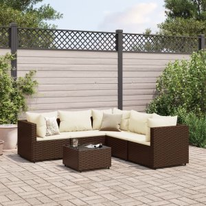 vidaXL VidaXL 6 Piece Patio Lounge Set with Cushions Brown Poly Rattan 1