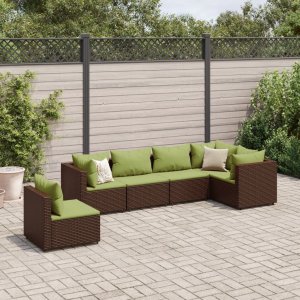 vidaXL VidaXL 6 Piece Patio Lounge Set with Cushions Brown Poly Rattan 1