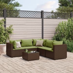 vidaXL VidaXL 6 Piece Patio Lounge Set with Cushions Brown Poly Rattan 1