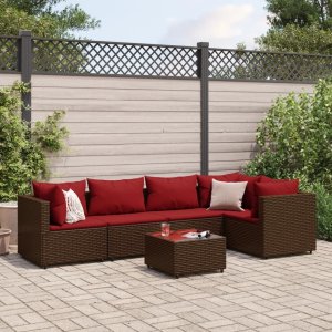 vidaXL VidaXL 6 Piece Patio Lounge Set with Cushions Brown Poly Rattan 1