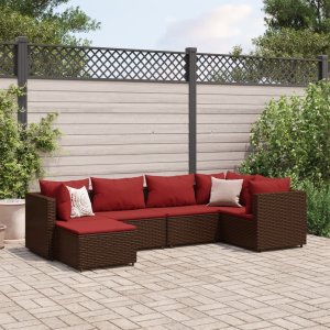 vidaXL VidaXL 6 Piece Patio Lounge Set with Cushions Brown Poly Rattan 1