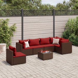 vidaXL VidaXL 7 Piece Patio Lounge Set with Cushions Brown Poly Rattan 1