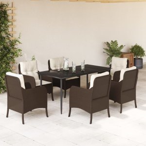 vidaXL VidaXL 7 Piece Patio Dining Set with Cushions Brown Poly Rattan 1