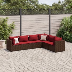 vidaXL VidaXL 6 Piece Patio Lounge Set with Cushions Brown Poly Rattan 1