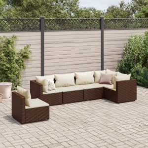 vidaXL VidaXL 6 Piece Patio Lounge Set with Cushions Brown Poly Rattan 1