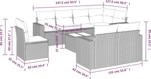 vidaXL 9-cz. zestaw mebli ogrodowych, poduszki, jasnoszary polirattan 3