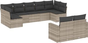 vidaXL vidaXL 9-cz. zestaw mebli ogrodowych, poduszki, jasnoszary polirattan 2