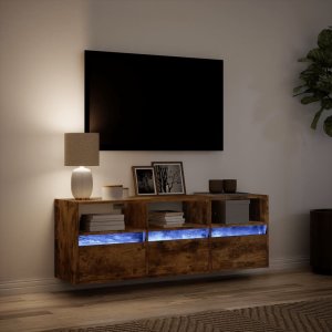 vidaXL vidaXL Ścienna szafka TV z LED, przydymiony dąb, 130x31x45 cm 5