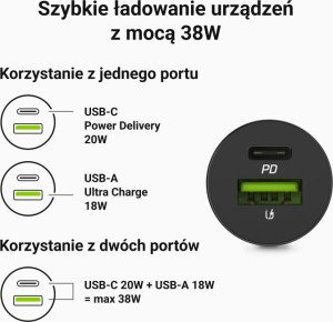 Ładowarka Green Cell PowerRide Nano38 1x USB-A 1x USB-C 2.4 A  (CADM-GC-38AC) 12