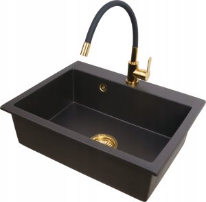 Zlewozmywak PREHNIT Zlewozmywak jednokomorowy ELAN czarny złoty metalik + bateria flex złota 2