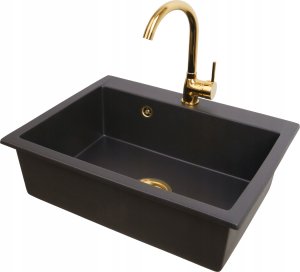 Zlewozmywak PREHNIT Zlewozmywak jednokomorowy ELAN czarny złoty metalik + bateria złota 2