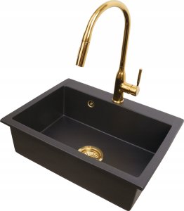 Zlewozmywak PREHNIT Zlewozmywak jednokomorowy ELAN czarny złoty metalik + bateria złota z wyciąganą wylewką roxy 2