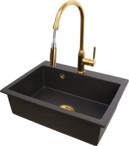 Zlewozmywak PREHNIT Zlewozmywak jednokomorowy ELAN czarny złoty metalik + bateria złota z wyciąganą wylewką roxy 3