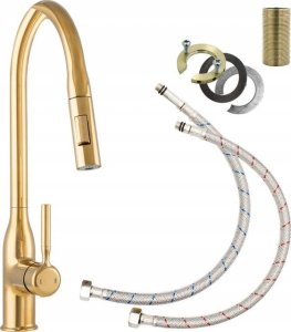 Zlewozmywak PREHNIT Zlewozmywak jednokomorowy ELAN czarny złoty metalik + bateria złota z wyciąganą wylewką roxy 5