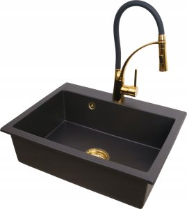 Zlewozmywak PREHNIT Zlewozmywak jednokomorowy ELAN czarny złoty metalik + bateria z wyciąganą wylewką nexo złota 2