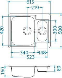 Zlewozmywak Alveus Alveus LINE 50 SAT Standard 61,5x50 1 1/2K zlew wpuszczany z odpływem zatyczkowym fi114 z syfonem 1