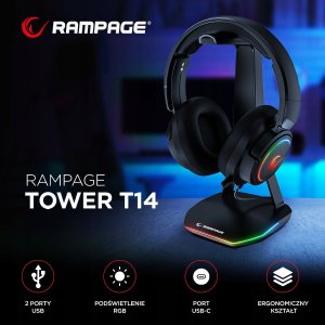 Rampage Tower T14 Stojak na słuchawki, gamingowy RGB, hub 2x USB, czarny 6
