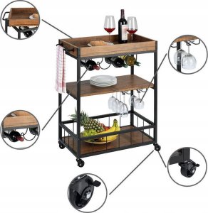 Wenko Wózek kuchenny Rustico, kolor drewna orzechowego, uchwyt na butelki, 3 poziomowy, z 4 kółkami i hamulcem postojowym, marka WENKO 2