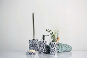 Wenko Zestaw toaletowy z serii Lorca, śródziemnomorski wzór, pojemnik ceramiczny, szczotka z wymienną główką, biało-niebieski, marka WENKO 5