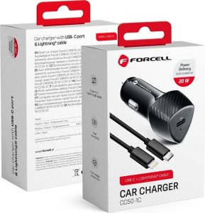 Ładowarka ForCell FORCELL F-ENERGY Carbon CC50-1C ładowarka samochodowa Typ C + kabel Typ C do Lightning PD 3A 20W czarna 1