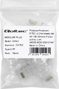Qoltec Wtyk QOLTEC przelotowy złącze RJ45 | CAT5e | UTP | Pass Through | Pozłacane styki | 10 sztuk 5