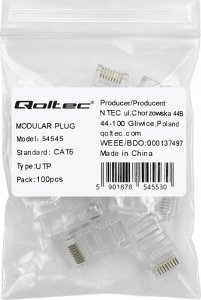 Qoltec Wtyk QOLTEC przelotowy złącze RJ45 | CAT6 | UTP | Pass Through | Pozłacane styki | 10 sztuk 5