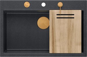 Zlewozmywak GraniteQ Zlewozmywak granitowy MARC 1-komorowy 76x50 cm czarny/black diamond + Nano MIEDĹą PVD 3