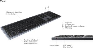 Klawiatura Keysonic KEYSONIC KSK-8023BTRF Full-Size Keyboard BT RF Windows macOS Android USB Type C Kabel Laden in 2 bis 3 Stunden Reichweite von 8 m 8