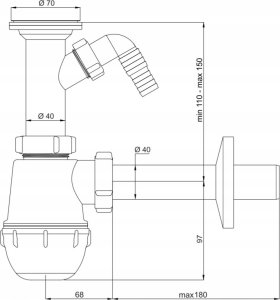 Syfon Tycner Syfon do zlewu fi50 mm butelkowy, metalowe sitko, wyjście: pralka/zmywarka 1-komora [5/30] 2