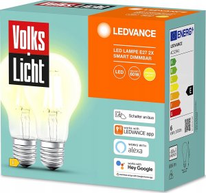 Osram LEDVANCE SMART+ BT CLA60 60 6 W/2500K E27, LED lamp (pack of 2, filament, Bluetooth, replaces 60 watts) 1