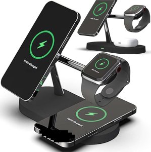 Alogy Ładowarka indukcyjna Qi Mag Safe 15W do iPhone Apple Watch AirPods bezprzewodowa 5w1 Stacja dokująca Czarna 14