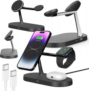 Alogy Ładowarka indukcyjna Qi Mag Safe 15W do iPhone Apple Watch AirPods bezprzewodowa 5w1 Stacja dokująca Czarna 16