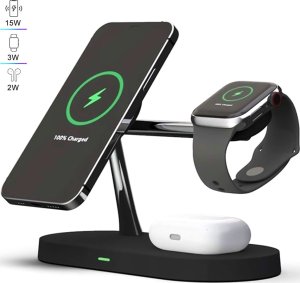 Alogy Ładowarka indukcyjna Qi Mag Safe 15W do iPhone Apple Watch AirPods bezprzewodowa 5w1 Stacja dokująca Czarna 3