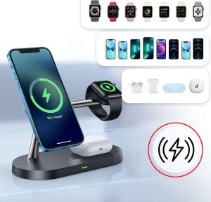 Alogy Ładowarka indukcyjna Qi Mag Safe 15W do iPhone Apple Watch AirPods bezprzewodowa 5w1 Stacja dokująca Czarna 4