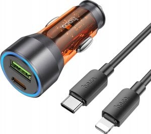 Ładowarka Hoco HOCO ładowarka samochodowa USB A + Typ C + kabel Typ C do Lightning PD QC3.0 3A 43W NZ12A transparentna pomarańczowa 1