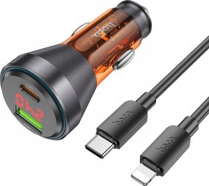 Ładowarka Hoco HOCO ładowarka samochodowa USB A + Typ C z wyświetlaczem + kabel Typ C do Lightning PD QC3.0 3A 48W NZ12B transparentna pomarańczowa 1