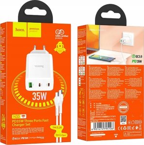 Ładowarka Hoco HOCO ładowarka sieciowa 2 x Typ C + USB A + kabel Typ C do Typ C PD QC3.0 3A 35W N33 biała 9