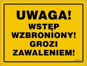 Mój dom Uwaga Wstęp Wzbroniony Grozi Zawaleniem 35 X 25 Cm, Bn - Płyta Żółta 0,6Mm Libres Polska Sp Sgp-Oa184_350X250_Bn 5904937518100 1