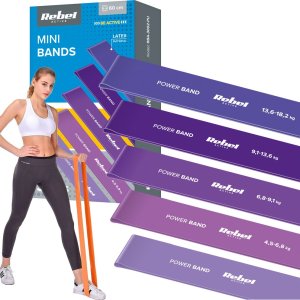 Rebel Zestaw gum do ćwiczeń lateksowy - Mini Band L, 2.3-18.2 kg, 5 gum, fioletowy,  REBEL ACTIVE 3