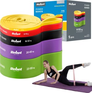 Rebel Active Zestaw gum do ćwiczeń TPE - Power Band PTs-1, 4-55 kg, 5 gum TPE, ACTIVE 3