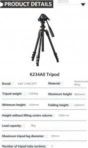 Statyw K&F Statyw video Concept K234A0 z głowicą 3D i uchwytem na telefon 17