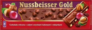 Nussbeisser Gold Czekolada mleczna z całymi orzechami laskowymi i rodzynkami 220 g 1