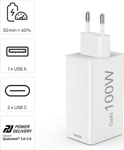 Ładowarka Hama Hama ładowarka sieciowa mini 100W GaN PD/QC 2x USB-C, 1x USB-A biała 14
