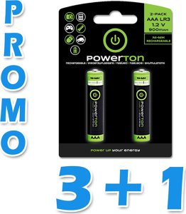 Powerton Akumulatorki, AAA (HR03), 1.2V, 900 mAh, Powerton, blistr, 2-pack, zestaw promo 3+1 gratis, EOL 1
