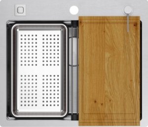 Zlewozmywak GraniteQ BURT 100 Workstation SteelQ  zlewozmywak 1-komorowy b/o stal szlachetna 580*485 mm + syfon push to open + dozownik stal szcz. + wkładka ociekowa+ Qmat 2