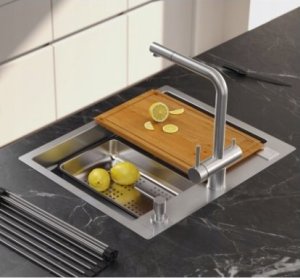 Zlewozmywak GraniteQ BURT 100 Workstation SteelQ  zlewozmywak 1-komorowy b/o stal szlachetna 580*485 mm + syfon push to open + dozownik stal szcz. + wkładka ociekowa+ Qmat 4